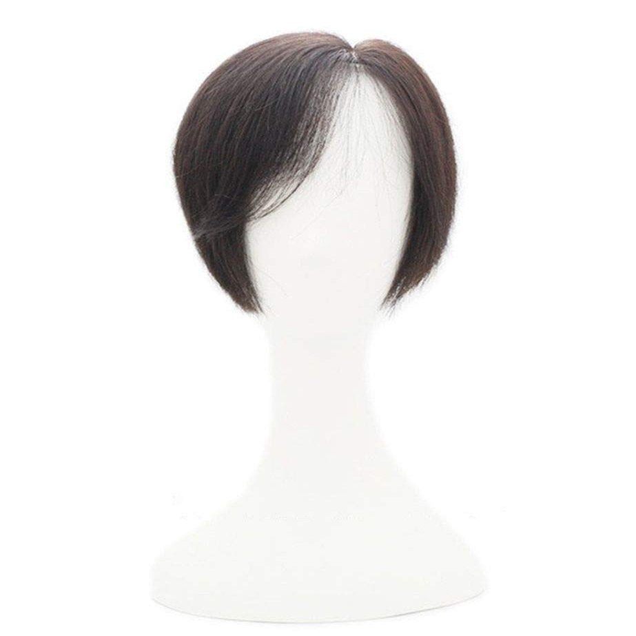 100% Real Human Hair Clip in Hair Topper with Side Bangs, Hand-made Mono Toupee for Women with Thinning Hair, 12" Light Brown