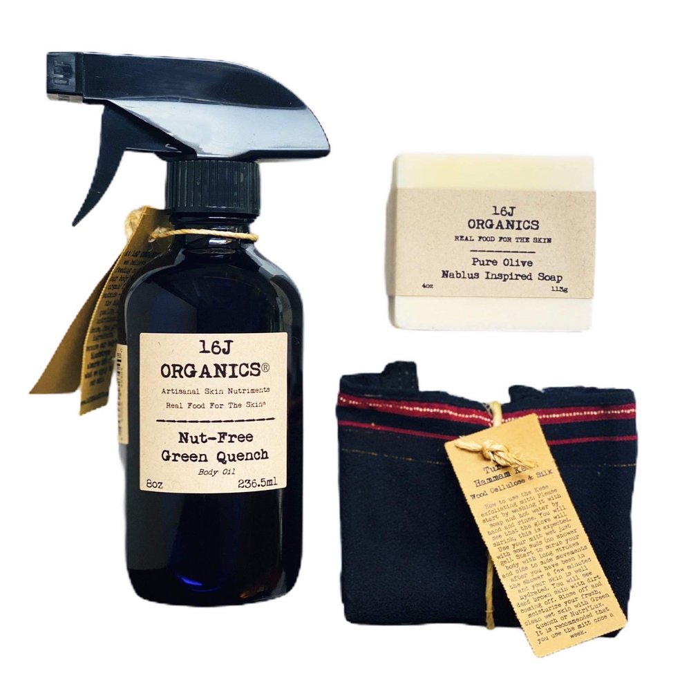 16J Organics Nut-Free Spa Set - Ottoman Turkish Bath Hammam Inspired - Organic 100% Natural Nut-Free Body Oil Moisturizer -Nut-Free Green Quench 8oz - Kese Scrub Mitt - Artisan Pure Olive Soap