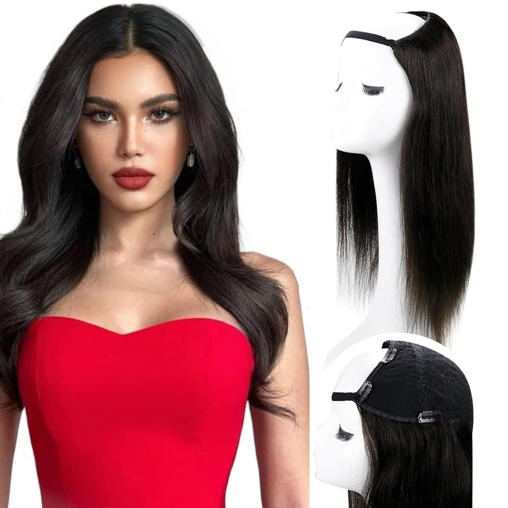RUNATURE U Part Human Hair Wig Natural Black Straight U Prat Wig Human Hair 18 Inch 150% Density Long Hair No Shedding Can be styled #1B