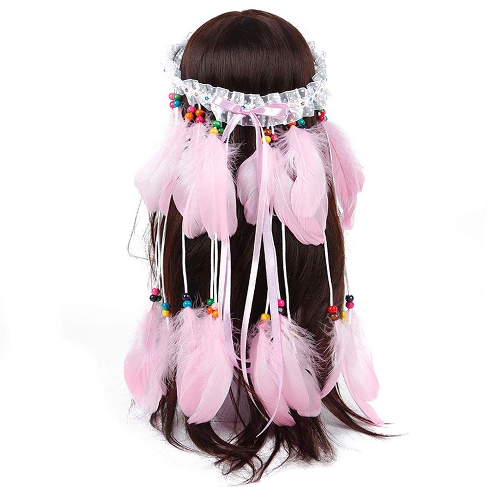 Bohemian Tassels Hair Band Headwear Hippie Headband Headpiece Handmade Tribal Indian Fascinator Feather Hairband Hair Accessories Festival Headdress for Women Lady (Pink)