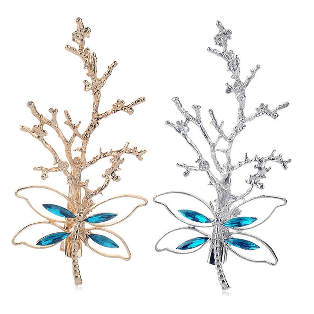 2PCS Metal Dragonfly Hair Clip Hairpin Rhinestone leaves Hair Accessories Bobby Pins Bride Headwear Edge Clip Clamps (Blue)