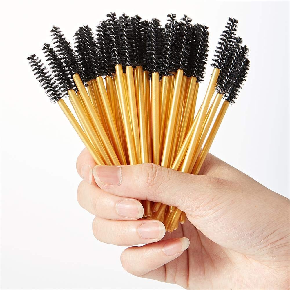 100pcs Disposable Eyelash Mascara Brush Wands Lash Brush for Makeup Applicator Kit (Golden/Black)