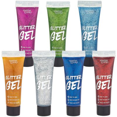 Body Glitter Paint Gel - 7 Color Costume Set for Women, Girls - 10 ml Tubes Holographic Shimmer Effect for Hair, Body, Face - Great for Festival, Costume Party, Halloween - by Splashes and Spills