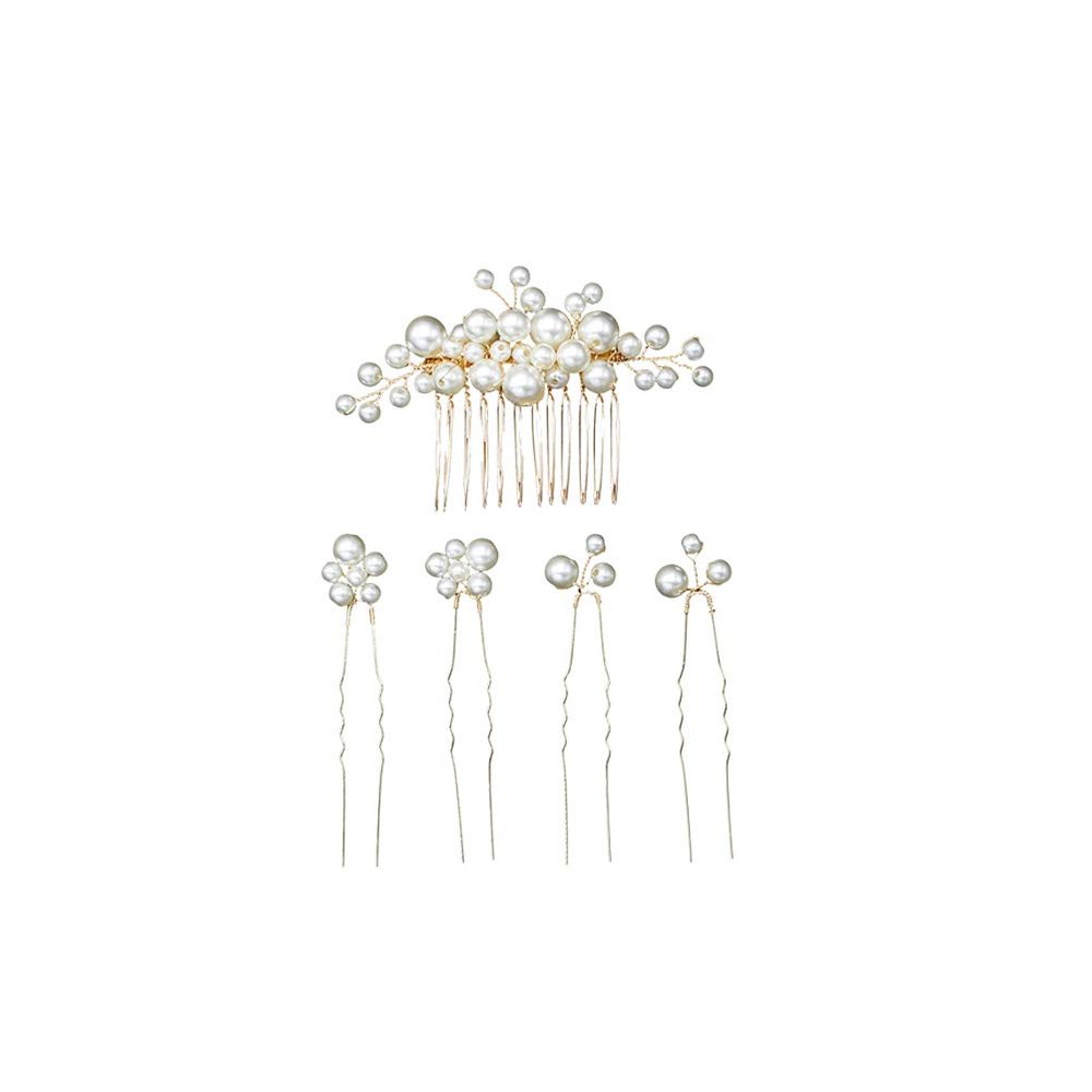 Amosfun Vintage Hair Combs Wedding Pearl Hair Clips Pearl Bridal Headpiece Wedding Accessories 1Pcs Hair Comb and 4 Pcs Hairpins