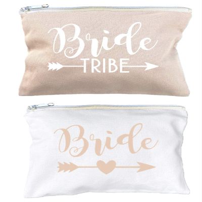 12 Pack Set + 1 Bride Bag | AMERIBA Premium Natural Cotton Canvas Makeup Bag- Bridesmaids Gifts for The Bachelorette Party or Bridal Shower (White & Soft Peach)