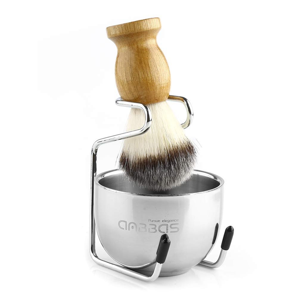 Anbbas Shaving Brush Synthetic Badger Hair Wood Handle,Stainless Steel Shaving Stand and Bowl,Perfect for Men Wet Shave