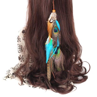 Women Lady Handmade Boho Hippie Hair Extensions with Feather Clip Comb Indian Peacock Feather Hairpin Head Chain Headdress DIY Accessories