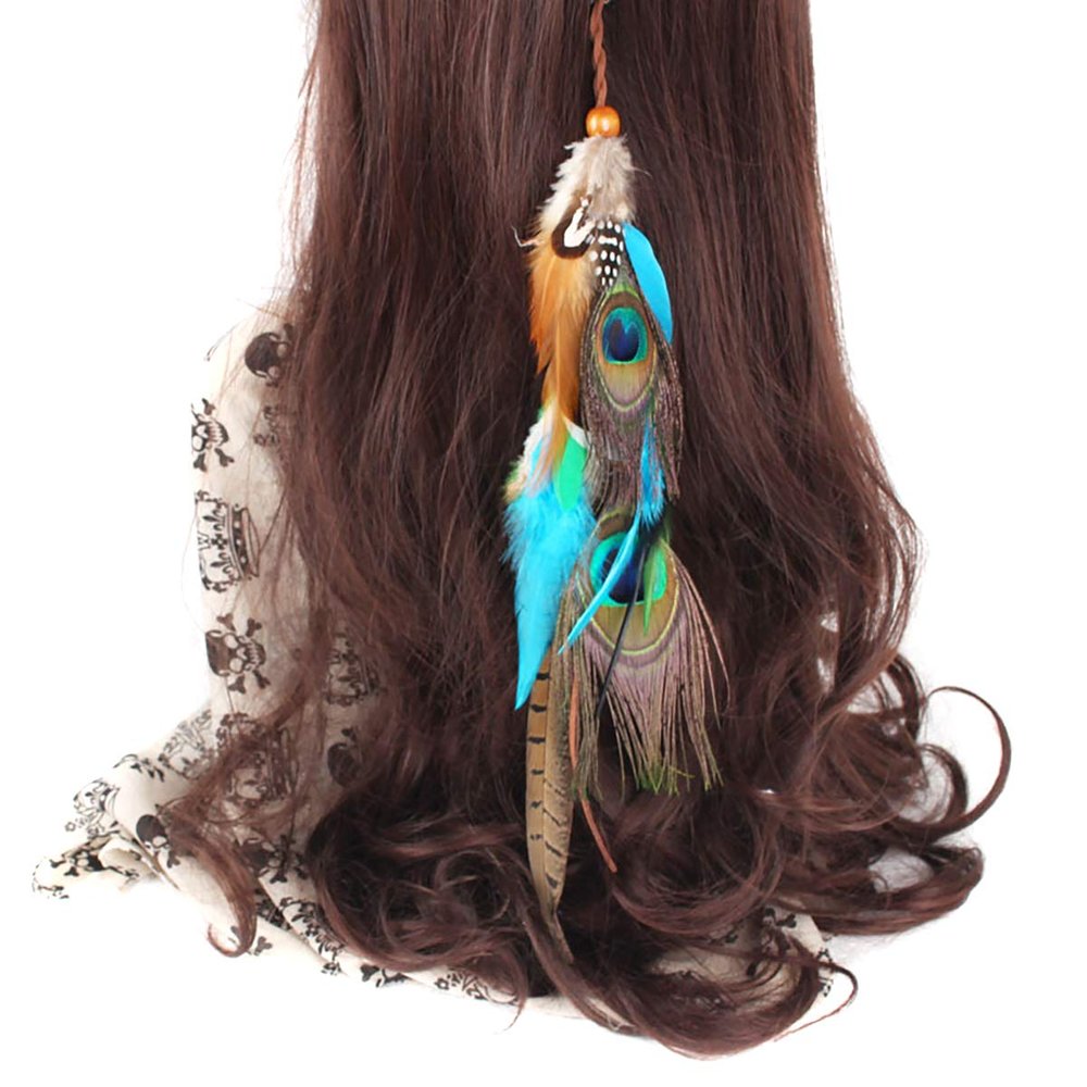 Women Lady Handmade Boho Hippie Hair Extensions with Feather Clip Comb Indian Peacock Feather Hairpin Head Chain Headdress DIY Accessories