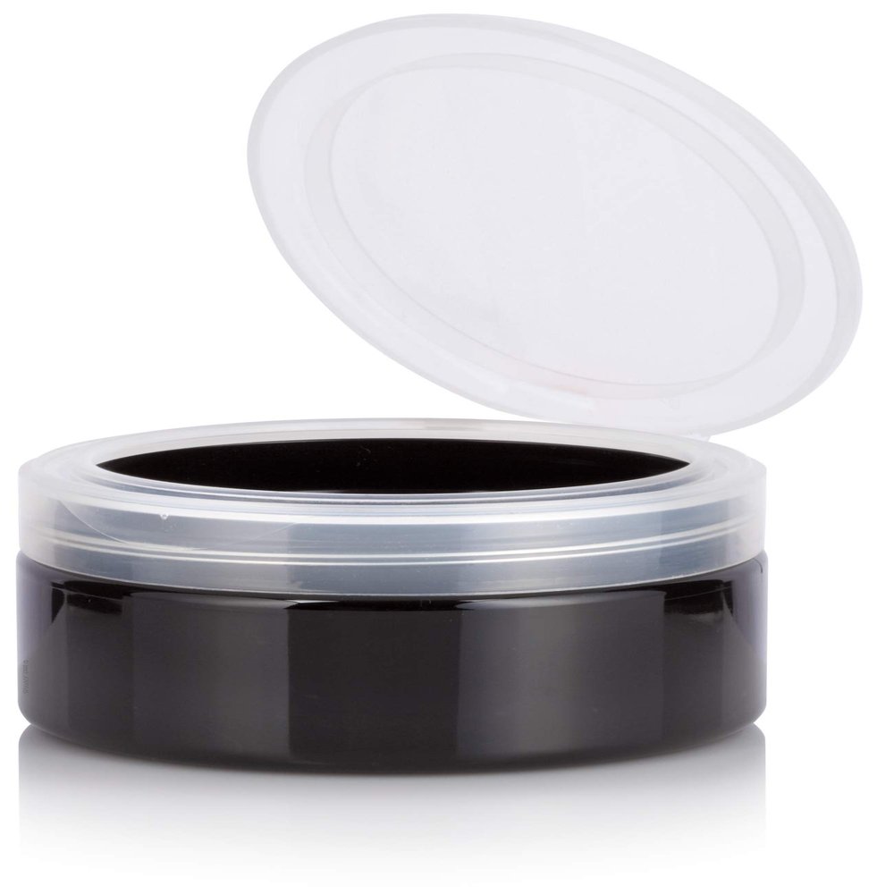 JUVITUS 8 oz Black PET Plastic Low Profile Jar with Clear Natural Flip (6 Pack) + Spatulas