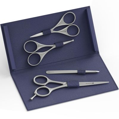 Suvorna Premium Beard & Mustache Set with Beard scissors for men - Facial Hair/Nose/Eyebrow Scissors - Slant Tweezers (4 Pcs Dark Blue)