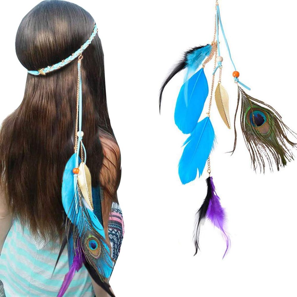 Fodattm Bohemian Peacock Feather Headband Tassels Hairband Women Lady Handmade Indian Headwear Fascinator Hair Hoop (Blue)
