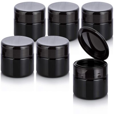 Black PET Plastic (BPA Free) Refillable Low Profile Jar with Black Flip Top Cap - 8 oz (6 Pack)