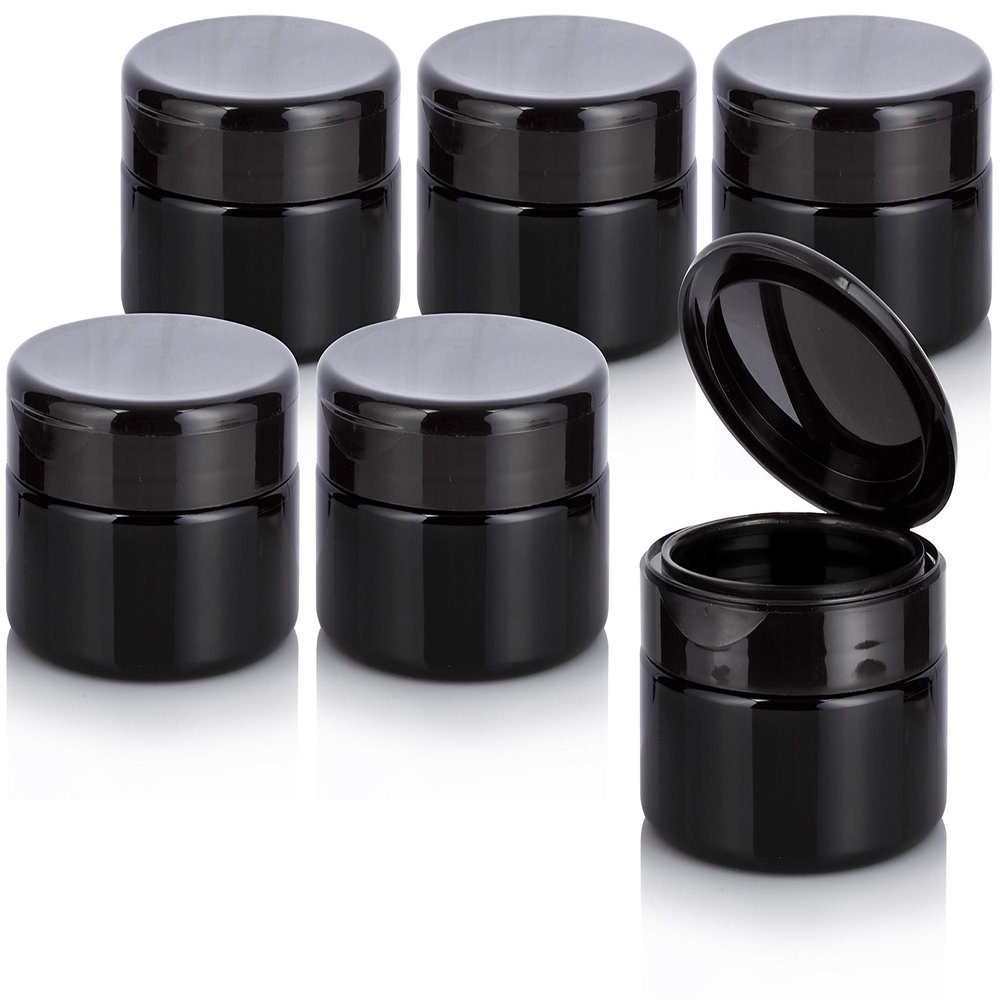 Black PET Plastic (BPA Free) Refillable Low Profile Jar with Black Flip Top Cap - 8 oz (6 Pack)
