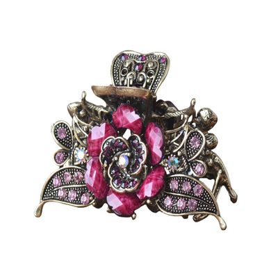 Fodattm Women Lady Retro Rose Flower Imitation Turquoise Hair Claw Clip Vintage Alloy Rhinestone Non-Slip Hair Jaw Clips Hairpin Hair Clamp (Purple)