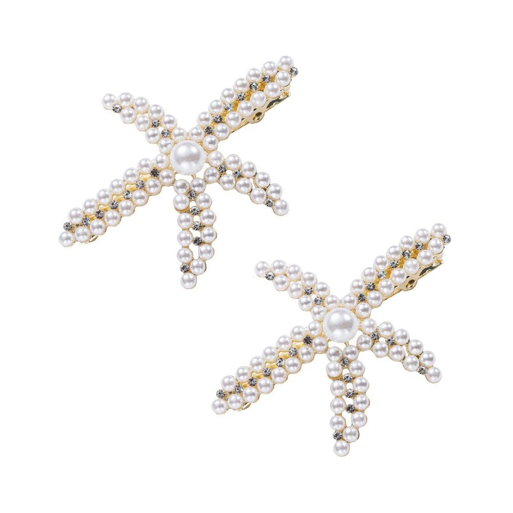 2Pcs Starfish Rhinestone Crystal Imitation Pearl Duckbill Clip Hair Pins Barrettes Hair Clip Fashion Woman Wedding Bridal Hair Accessories