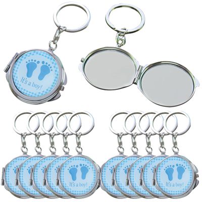 12 PCS Baby Shower Mini Compact Mirror Keychain Favor Blue Footprint Design for Boy Gift Idea