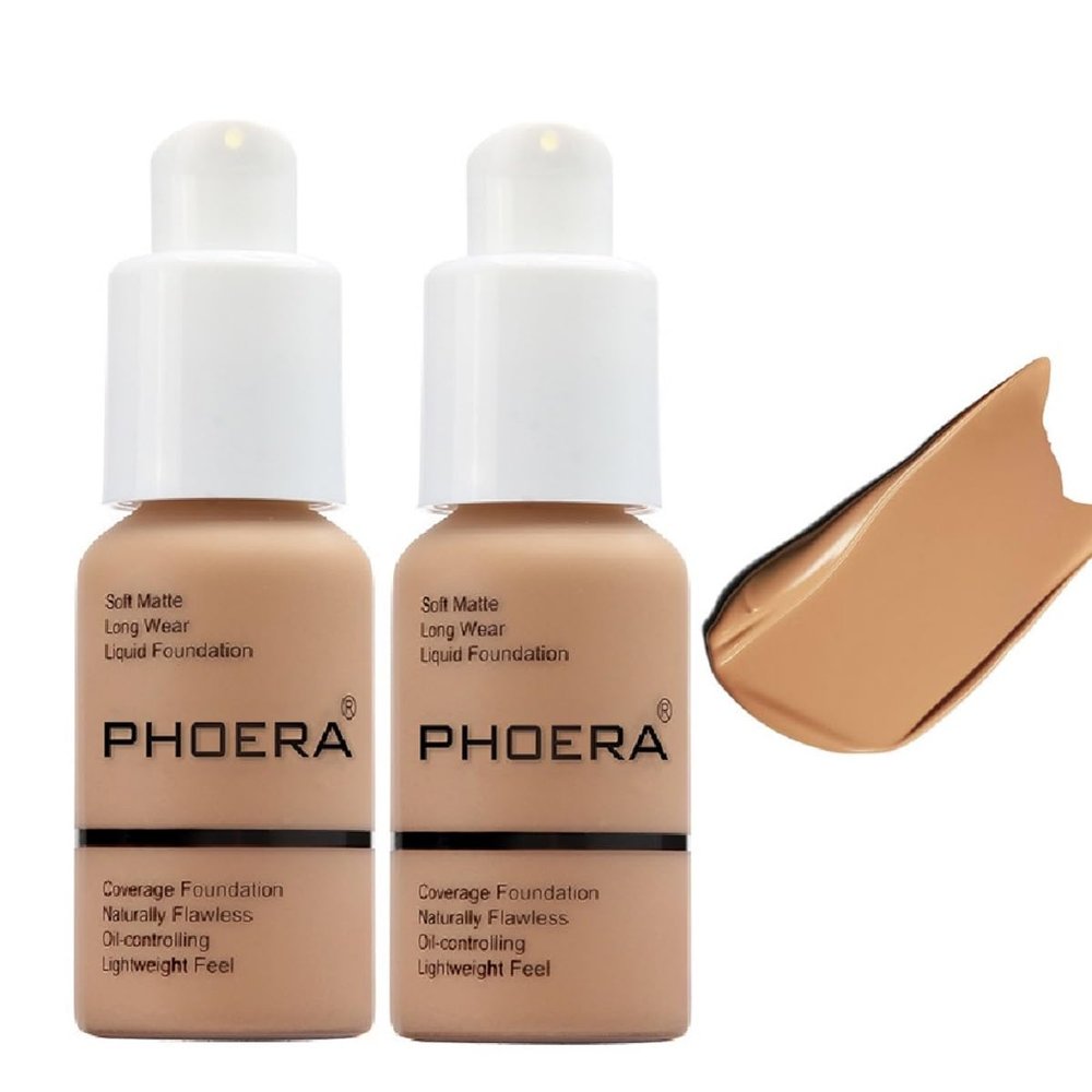 2 Pack PHOERA Foundation, Long-Lasting Waterproof Oil Full Coverage Flawless Soft Matte Liquid Foundation.105 San