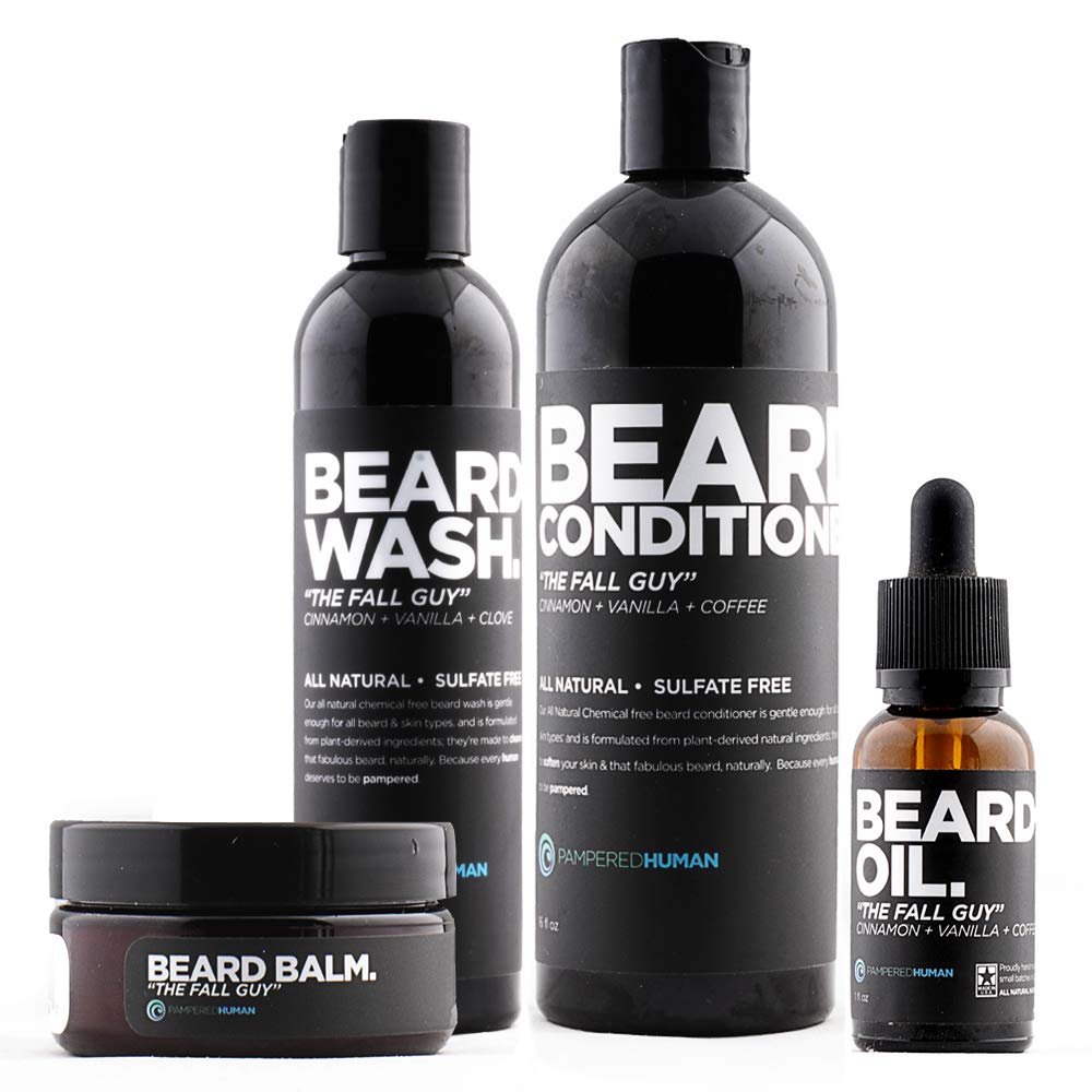 Beard Balm, Oil, Shampoo and Conditioner 4 Piece Beard Kit for Men - The Fall Guy (Cinnamon Vanilla Coffee)