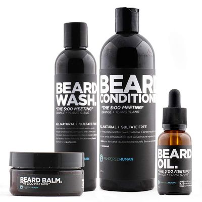 Beard Balm, Oil, Shampoo and Conditioner 4 Piece Beard Kit for Men - The 5 O'Clock Meeting (Orange Ylang Ylang)