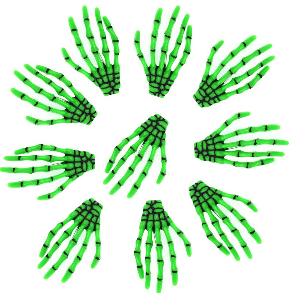 10Pcs Skeleton Hands Hair Clips Punk Style 3" Halloween Party Hair dress Accessories, Green