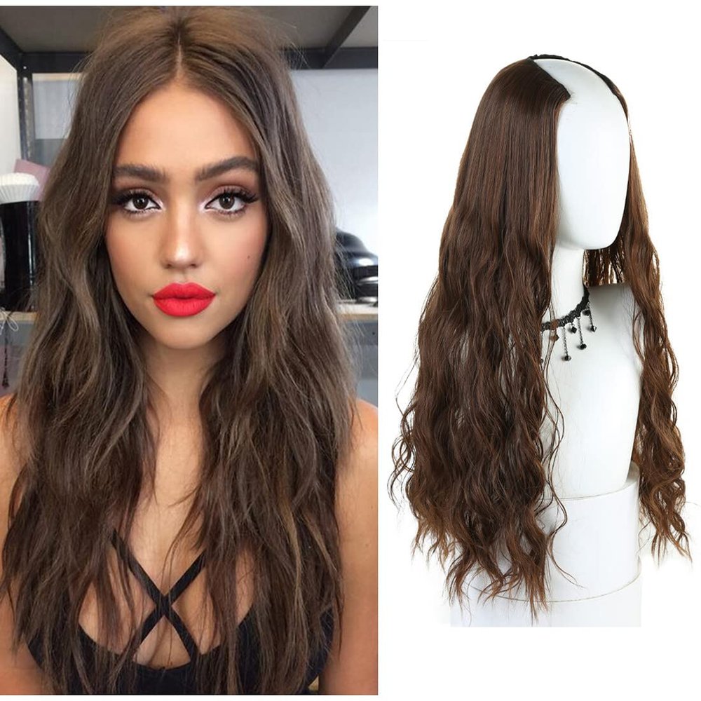 LesafeV Invisible Loose Wavy U-Shaped Weft 3/4 Half Wig 20" Clip in One Piece Hair Extension Natural Hairpiece Dark Black