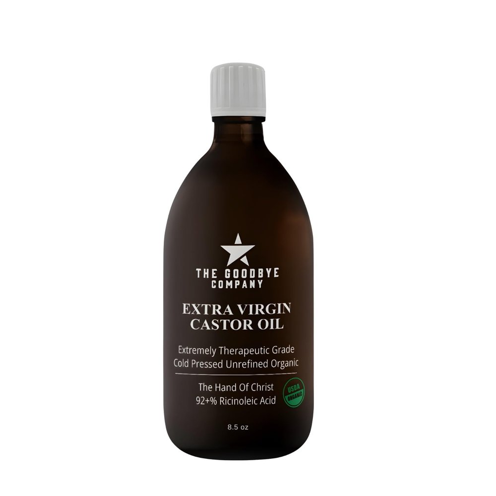 Goodbye Company USDA Organic Food Grade Cold-Pressed Castor Oil - 8.5 oz Glass Bottle, Hexane-Free, Extra Virgin, Small Batch Family Farm Ethically Sourced for Hair Growth, Digestion, Lashes, Brows