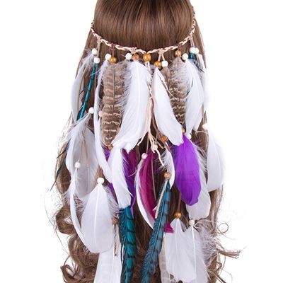 Women India Flapper Headband 1920s Great Gatsby Hairband Boho Feather Headdress