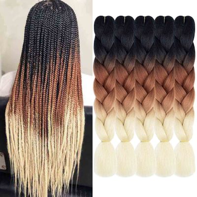 AIDUSA Ombre Braiding Hair Blonde Braiding Hair Extensions 5pcs Synthetic Hair 24 Inch Ombre Brown Braiding Hair for Box Braids 3 Tones Crochet Braids 100g (#C15 Black to Brown to Blonde)