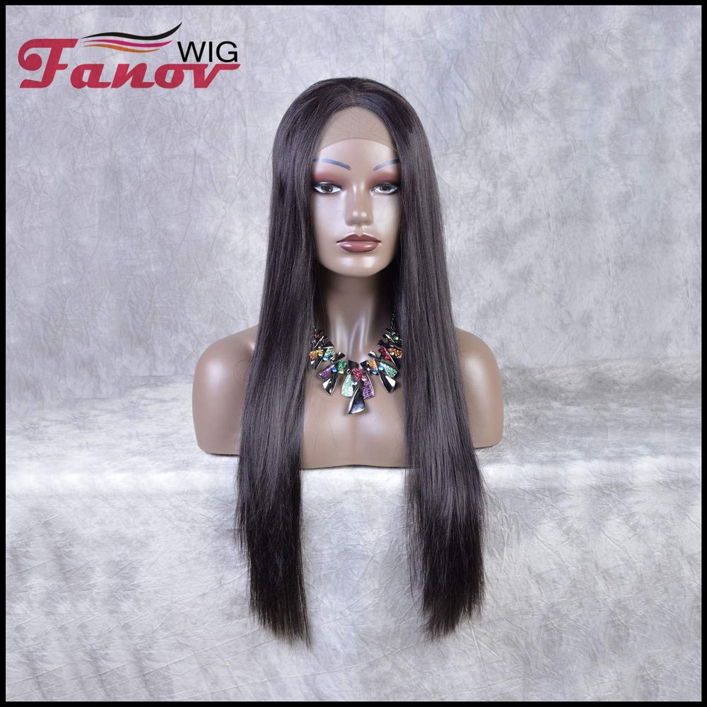 Fanov Wig Black Color Straight Hair with Fashion Synthetic Hair T-part Lace Frontal wig For Women Half Hand Tied Heat Resistant (24inch black)