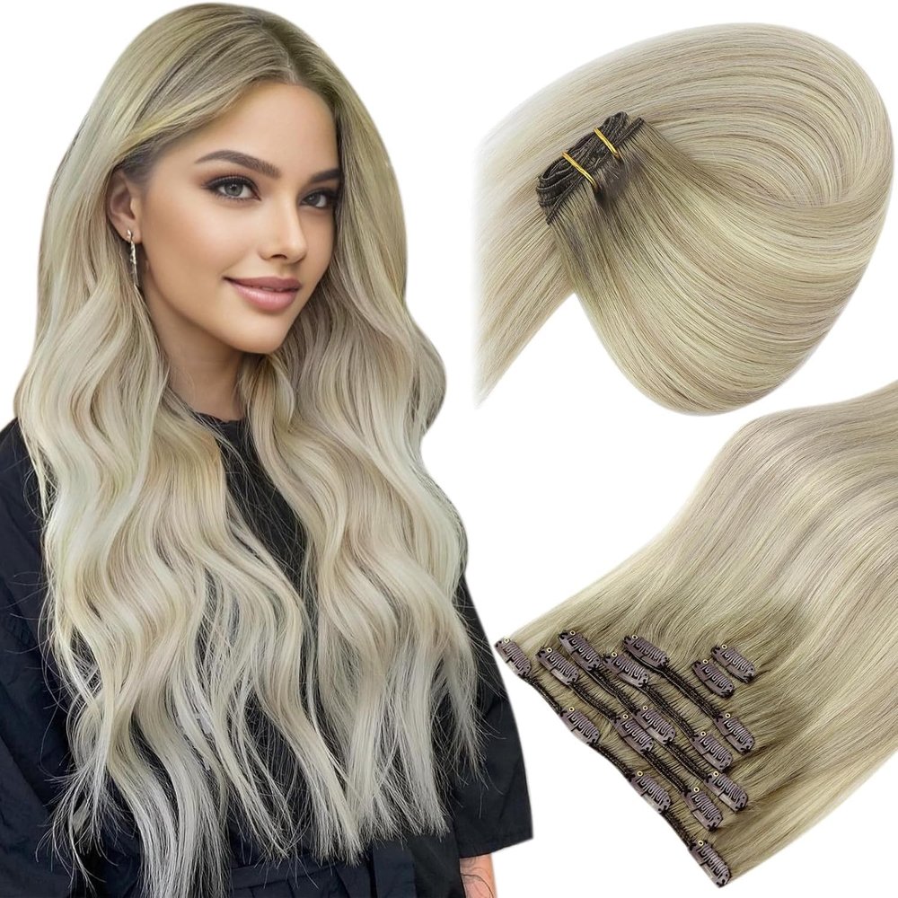 Sunny Clip in Hair Extensions Human Hair Ash Blonde Ombre Sunkissed Blonde Clip in Human Hair Extensions Double Weft Ombre Human Hair Clip in Extensions 7Pcs 120G 14inch