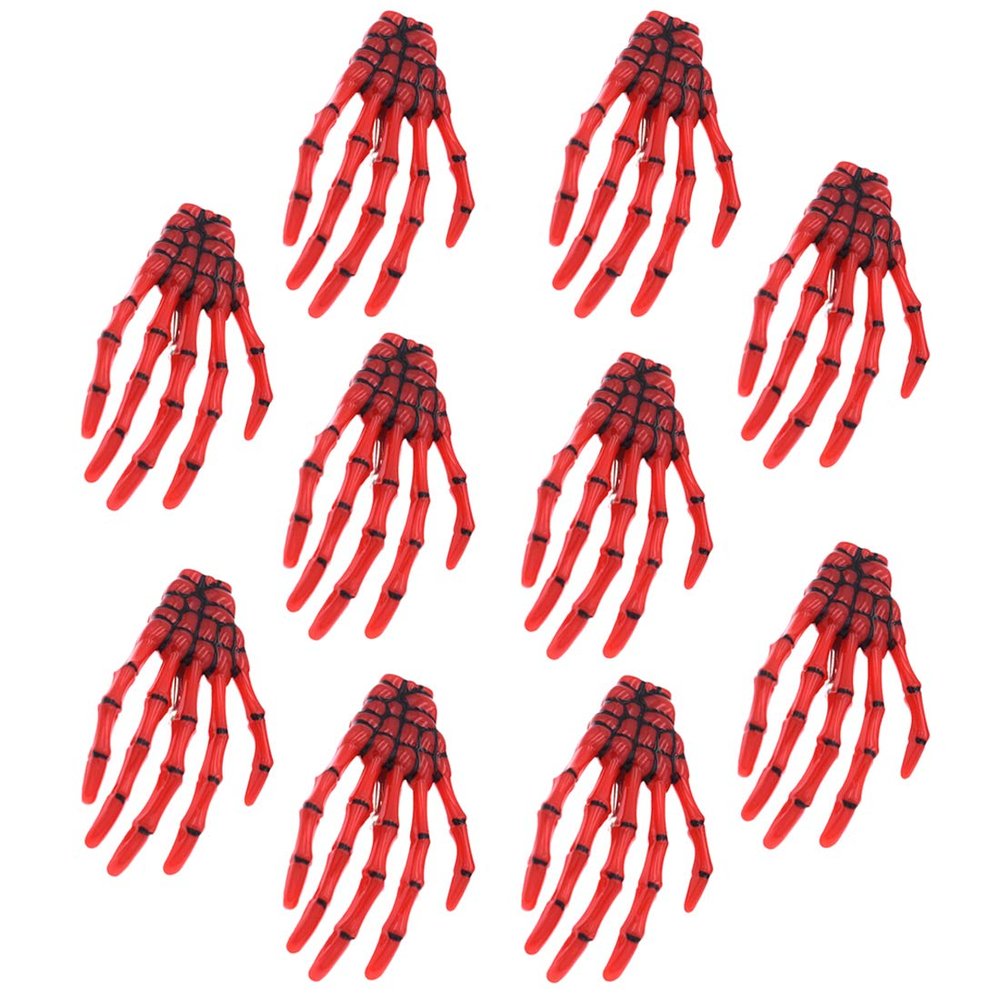 10Pcs Gothic Style 3" Skeleton Hands Hair Clips Halloween Hair Accessories, Red