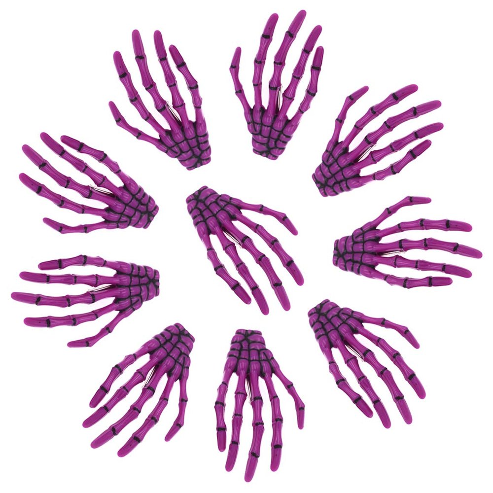 10Pcs Skeleton Hands Hair Clips 3" Halloween Party Hand Bone Shape Hair dress Accessories, Purple
