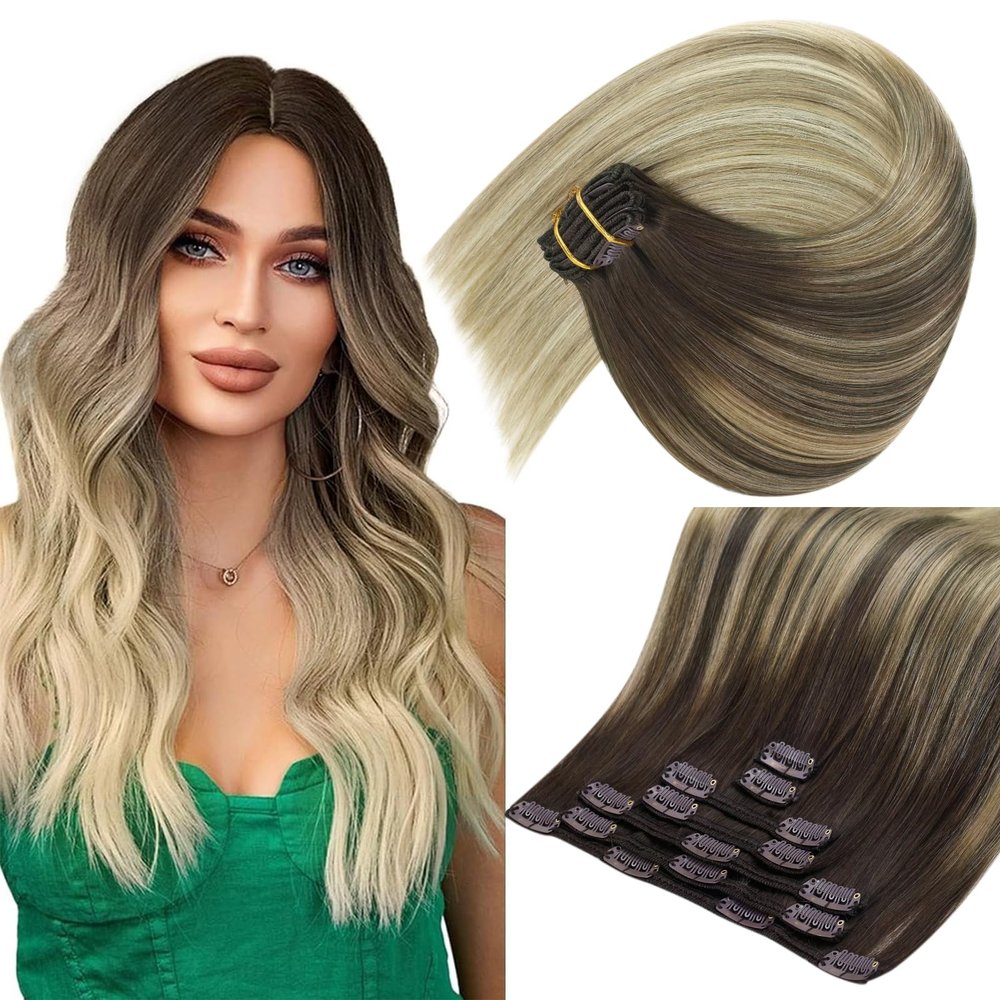 Sunny Hair Clip in Hair Extensions Straight Human Hair Clip Extensions Remy Clip in Hair Extensions Real Human Hair Extensions Clip ins Dark Brown Ombre Golden Blonde Mix Platinum Blonde 18inch