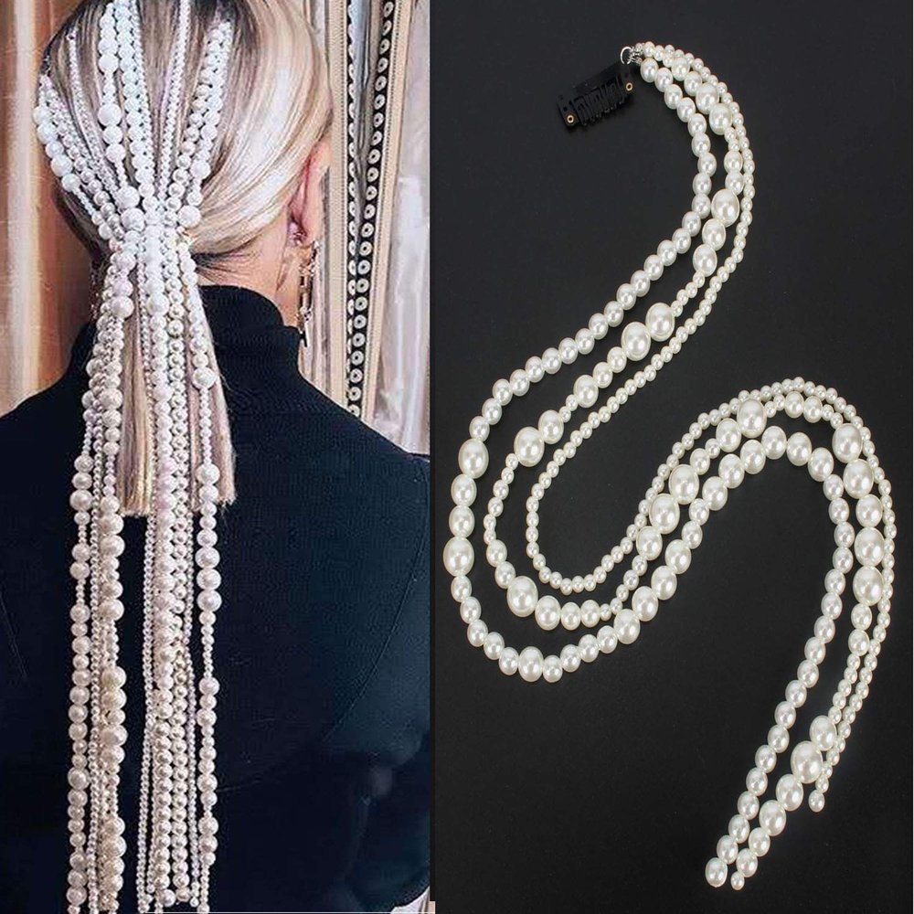 21.6 inch Women Lady White Imitation Pearl Clip Hair Extensions with Clip Comb DIY Accessories Hairpin Headdress Tassel Hair Barrettes Decorative Bridal (White-A#)