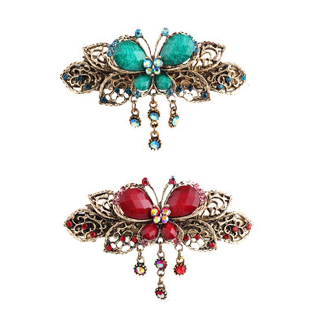 2 Pcs Retro Hollow Butterfly Spring Clip Hair Clip Elegant Classical Rhinestone Hairpins Woman Getting Married Bride Hair Accessory