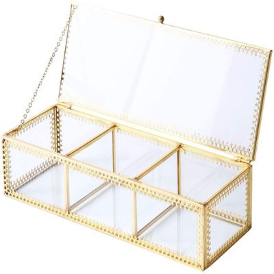 3 Compartment Golden Vintage Glass Jewelry Box, Lidded Clear Glass & Brass Metal Organizer Storage for Cosmetic Makeup, Beauty Display with Decorative Lace