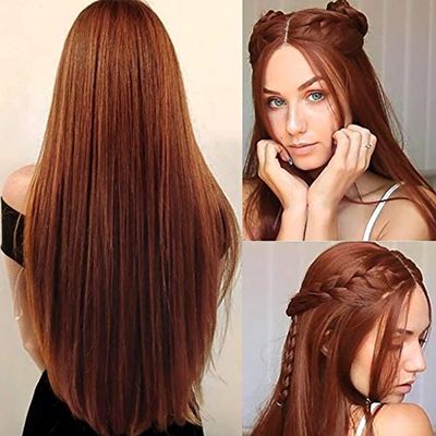 Baruisi Long Straight Dark Orange Wigs for Women Natural Looking Cosplay Synthetic Replacement Wig with Wig Cap