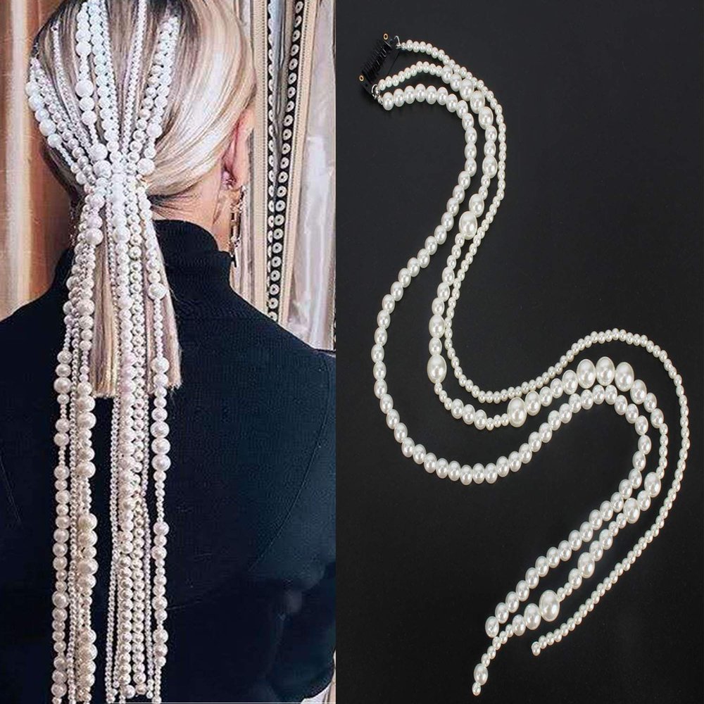 21.6 inch Women Lady White Imitation Pearl Clip Hair Extensions with Clip Comb DIY Accessories Hairpin Headdress Tassel Hair Barrettes Decorative Bridal (White-B#)
