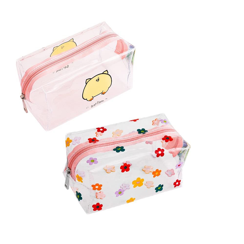 2 Pcs Cute Crystal Clear Cosmetic Bags, Travel Toiletry Clear Makeup Bags, Portable Makeup Brushes Kit Storage Bag, Waterproof Cartoon Organization For Women Girls (2-Piece Option A)