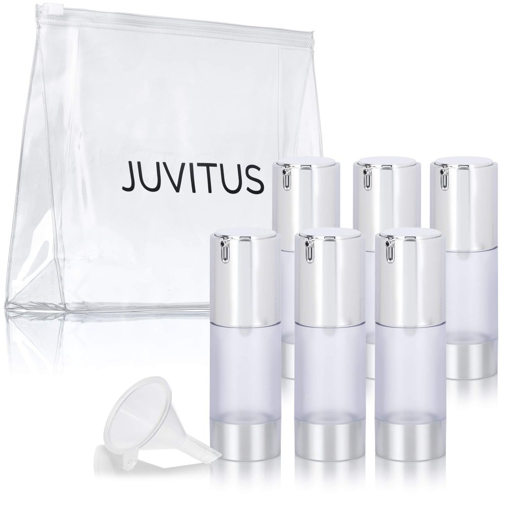 JUVITUS 1 oz / 30 ml Airless Frosted Silver Pump Bottle (6 Pack) + Travel Bag and Funnel