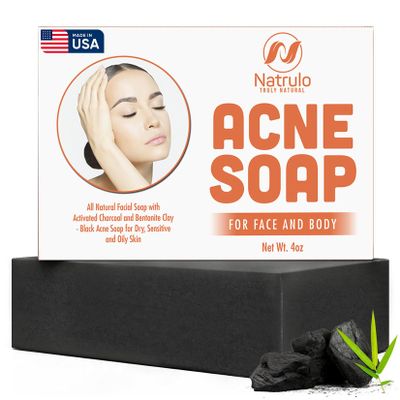 Natrulo Acne Soap Cleansing Bar for Face & Body  Black Activated Charcoal Soap with Bentonite Clay for Dry, Sensitive & Oily Skin  Black Acne Facial Cleanser for Pimples & Scars Made in USA