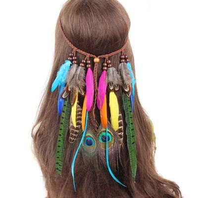 Gypsy Indian Colorful Feather Headband Bohemian Headwear Native American Headpiece Hippie Peacock Feather Woman Hair Accessories