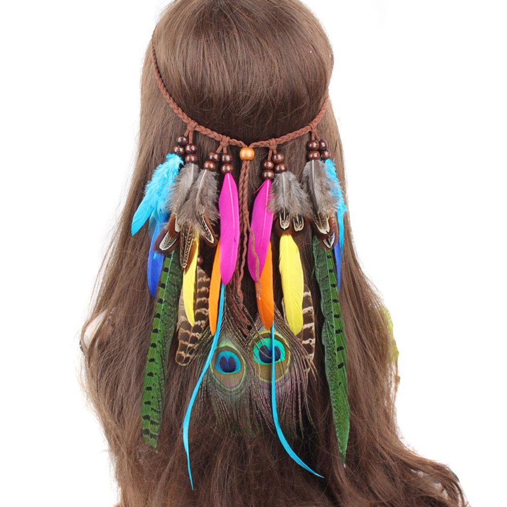 Gypsy Indian Colorful Feather Headband Bohemian Headwear Native American Headpiece Hippie Peacock Feather Woman Hair Accessories