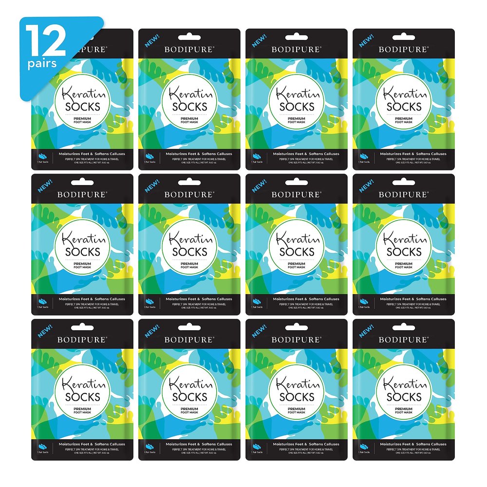 Bodipure Premium Foot Mask Keratin Socks | At Home Spa Moisturizer Socks for Dry Cracked Feet, Callus & Heel Softening | Easy-to-Use Pedicure Foot Repair | Chemical-free Feet Treatment | 12 Pairs