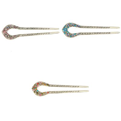 3pcs Vintage Alloy U Shaped Chignon Hair Pins Stick Fork Double Prong Hairpins Hairstyle Chignon Accessory for Women Girls (Purple Blue Colorful)