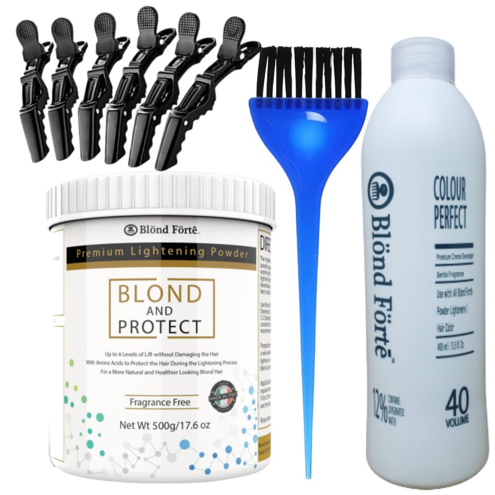 1.1 Pound Tub 8+ Level Hair Lightener Bleaching Powder Kit + 40 Volume Developer & 10 Bonus Items - Made in Italy by Blonde Forte