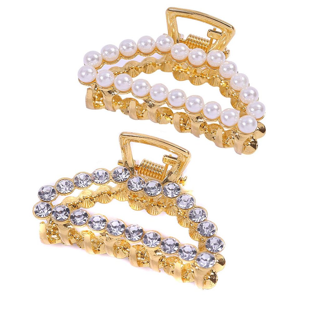 2 Pcs Unique Style Imitation Pearls Rhinestone Hollow Claw Clip Hair Pins Hair Clip Ponytail Holder Women Lady Fine Hair Accessories