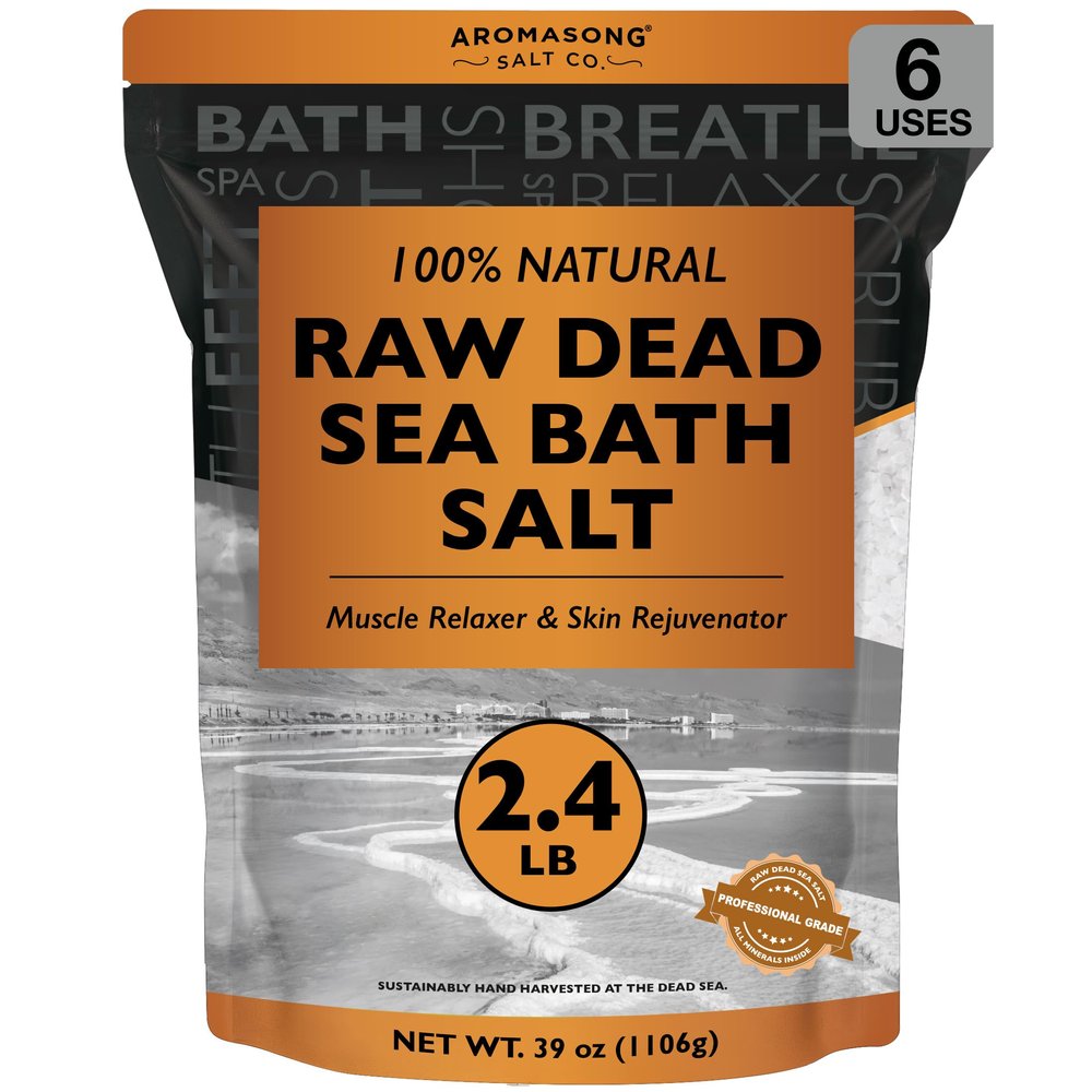 Aromasong Raw Dead Sea Bath Salt - Minimally Cleaned, Contains More Dead Sea Minerals Including Dead Sea Mud - 100% Pure & Natural Dead Sea Salts for Soaking 2.4 LB - Bulk Resealable Pack