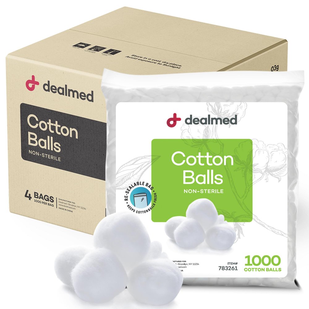 Dealmed 1000 ct. Cotton Balls for Face, Makeup, Medical Uses, & DIY Crafts | Non-Sterile Bulk Pack | Resealable Zip-Locked Bag | 100% Pure Cotton, Soft, Absorbent, Gentle (Case of 4)