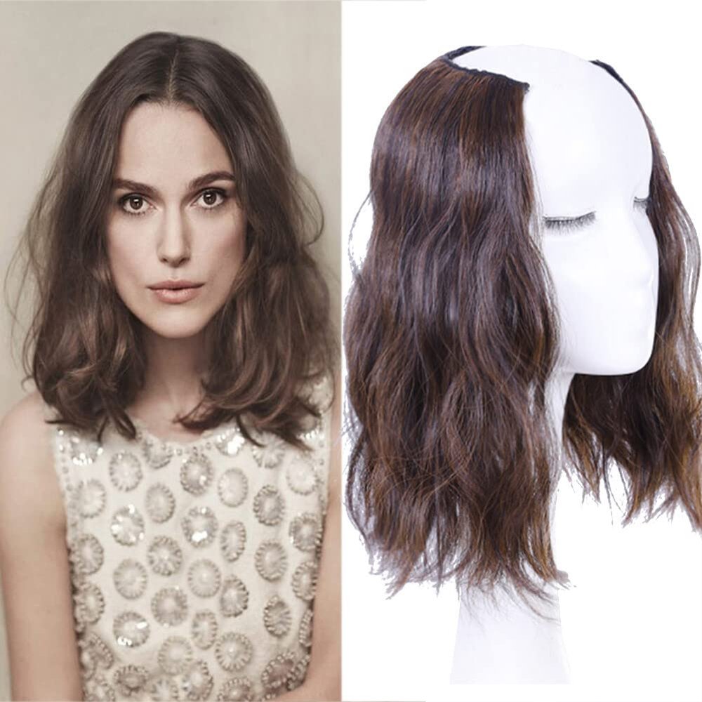 Medium Length 12" Wavy U-Shape Part Half Wig One Piece Clip in Hair Extension Dark Brown